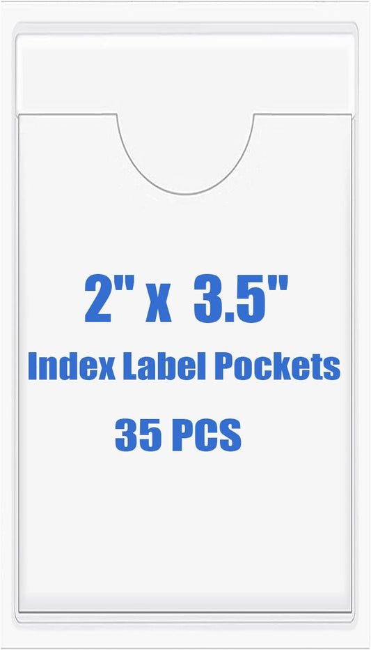 Origin-Joy 35 PCS Self Adhesive Index Card Pockets with Top Open, Clear Plastic Label Holder for Cards of Note, Library and Business, Adhesive Label Pockets & Card Holder (2 x 3.5 inch)