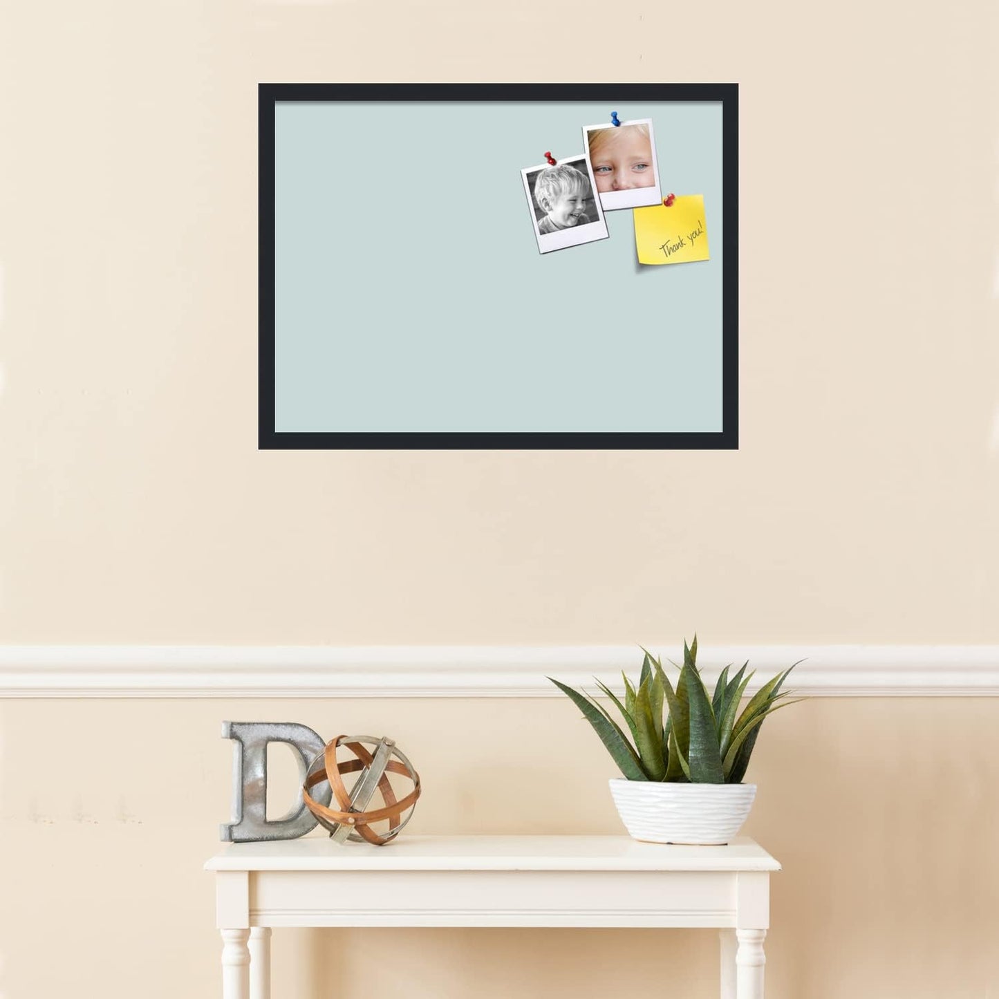 PinPix 27x20 Inch Cork Bulletin Board. This Decorative Framed Pin Board Comes with Soft Blue Design and a Satin Black Frame. Ideal for Home Office Decor or Message Board (PinPix-1814)