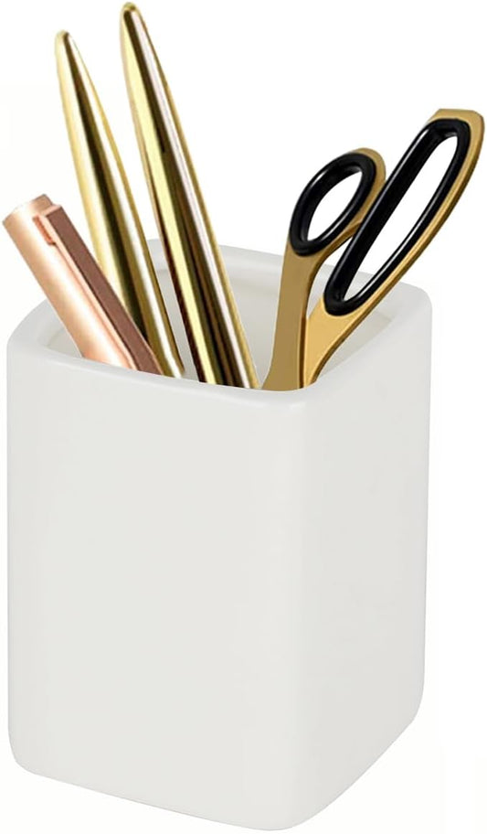 Square Ceramics Desk Pencil Holder With Metal Frame, Suitable for Offices and Homes(Off White)