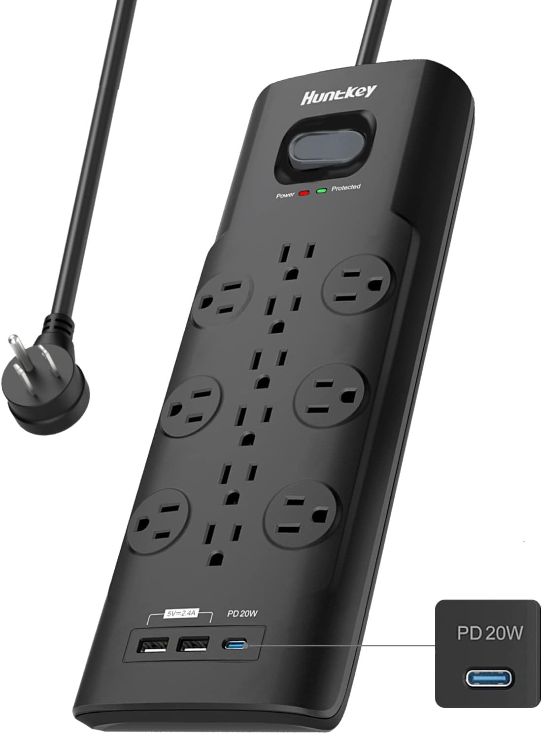 Surge Protector Power Strip (3480J), Huntkey 12 Outlets with 2 USB A Ports and 1 USB C Ports, 20W Power Delivery Charging for Home, Office, Dorm Essential, ETL Listed