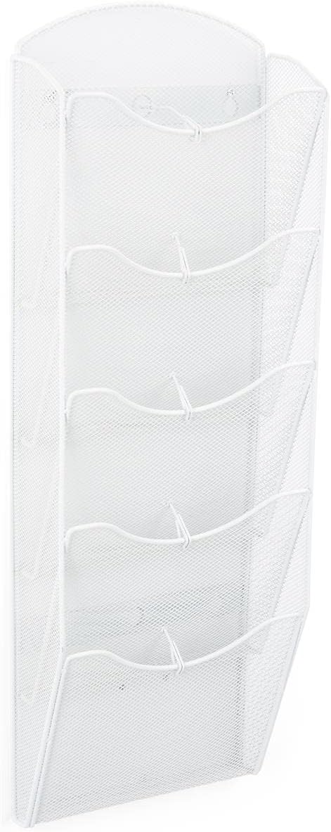 Displays2go Single & Multi-Tiered Metal Mesh Literature Wall Rack, 5-10 Pockets - White (MSHWHL5WHT)