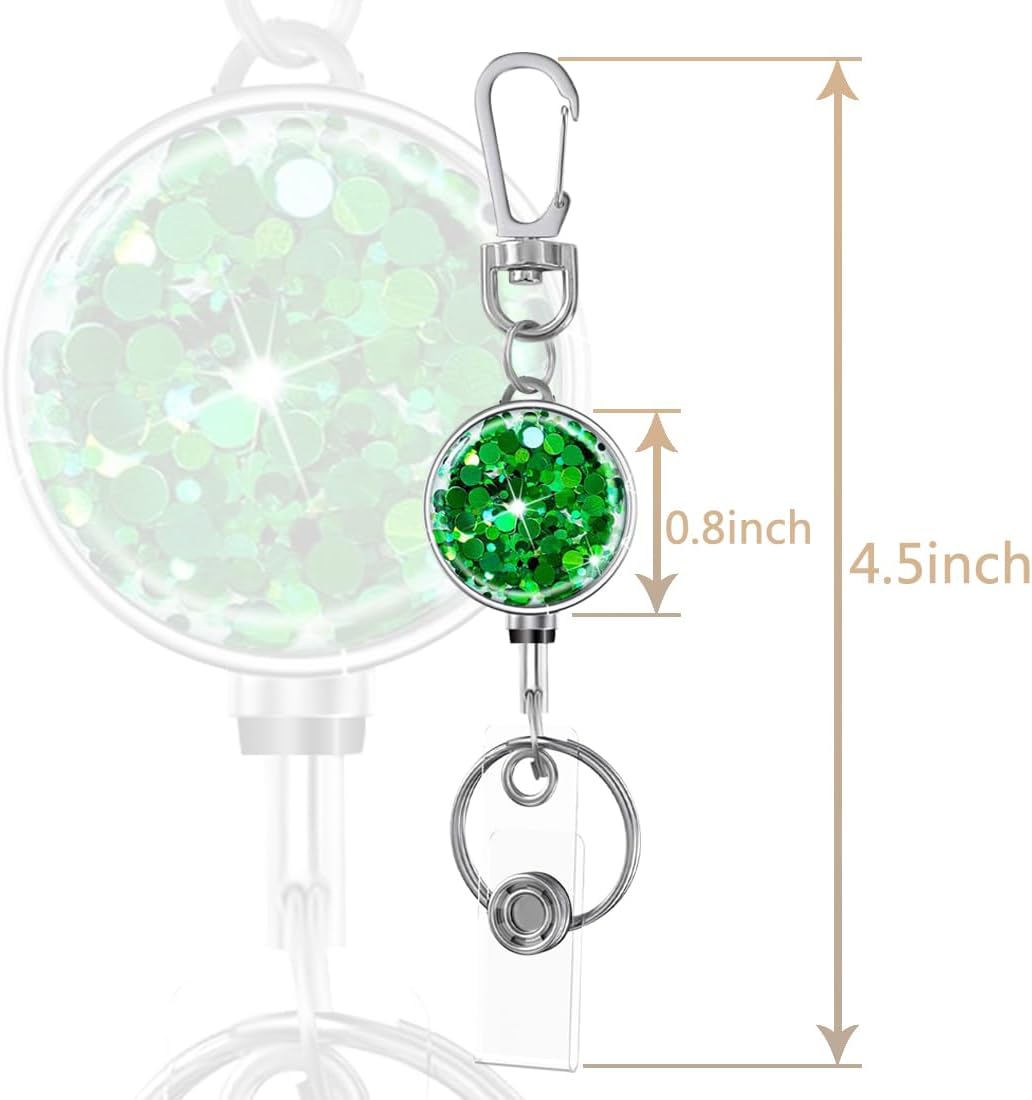 bolimoss Retractable Keychain for Badge Holder Metal Badge Reel with Carabiner Clip Key Ring, Glittery Retractable Badge Holders for Nurse,Volunteer,Teacher,Student (3 Pack Bling Pink, Silver, Green)