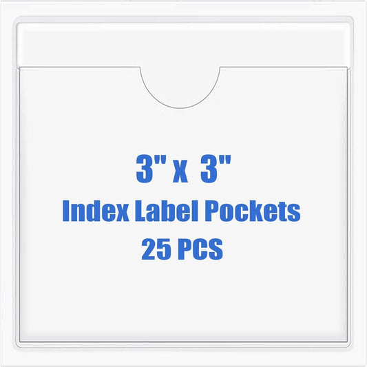Origin-Joy 25 PCS Self-Adhesive Index Label Pockets, Clear Plastic Peel & Stick Card Holders with Top Open for Loading (3 x 3 inch)