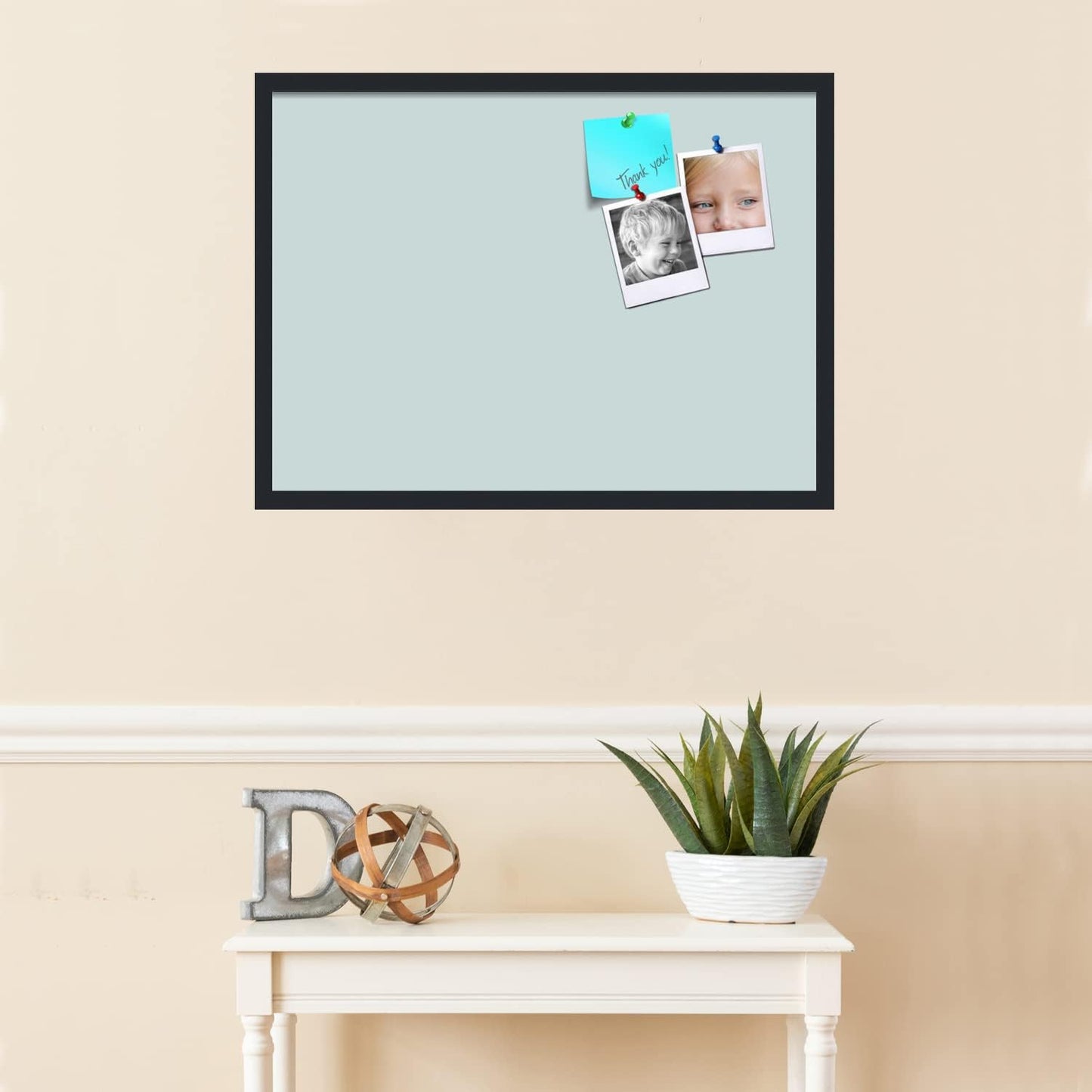 PinPix 30x22 Inch Cork Bulletin Board. This Decorative Framed Pin Board Comes with Soft Blue Design and a Satin Black Frame. Ideal for Home Office Decor or Message Board (PinPix-1814)