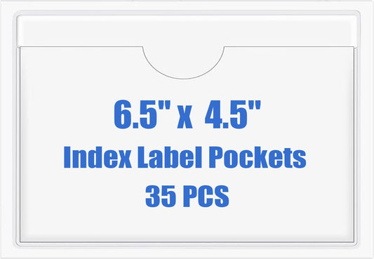 Origin-Joy 35 PCS Self Adhesive Index Card Pockets with Top Open, Clear Plastic Label Holder for Notes, Library and Business, Adhesive Label Pockets & Card Holder (6.5 x 4.5 inch)