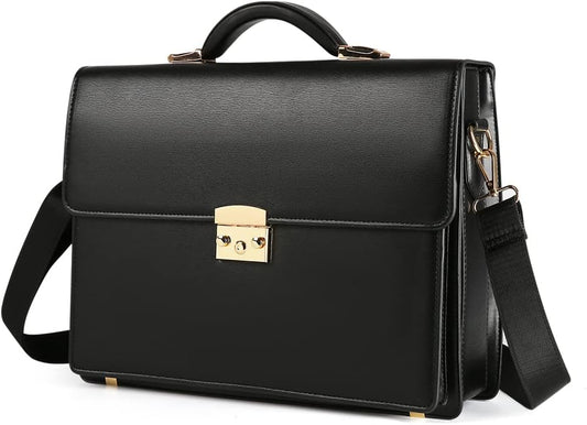 Briefcases for Men Business Mens Leather Briefcase Locking Black Laptop Messenger Bag Lawyer Hard Case