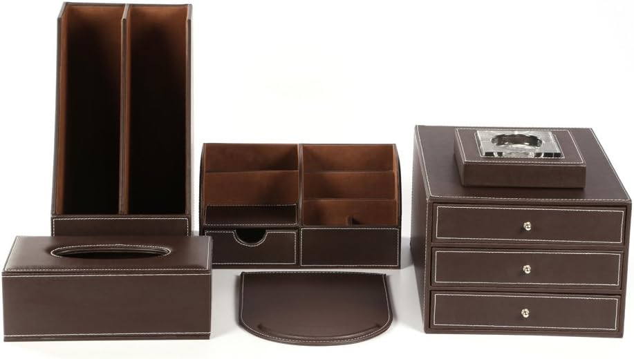 KINGFOM Office Desk Organizer Set 6 PCS Office Supply Synthetic Leather Desk Set Including Desk Organizer, Mouse Pad, File Cabinet, Document Holder, Crystal Holder and Tissue Box Holder(T02K)