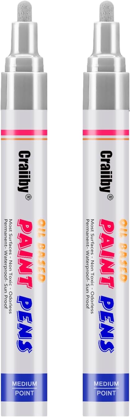 Silver Paint Markers, 2 Pack Oil-Based Waterproof Quick Dry Permanent Paint Pen Set for Rocks Painting, Wood, Fabric, Plastic, Canvas, Glass, Mugs, Metal, Tire, Stone, DIY Craft