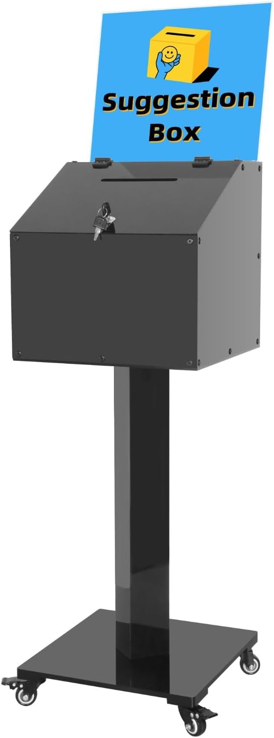 Large Acrylic Donation Box with Stand, Suggestion Box for Church, Drawing Raffle with Key&Lock, for Collection Fundraising, Offering, Ballots, Feedback, Black