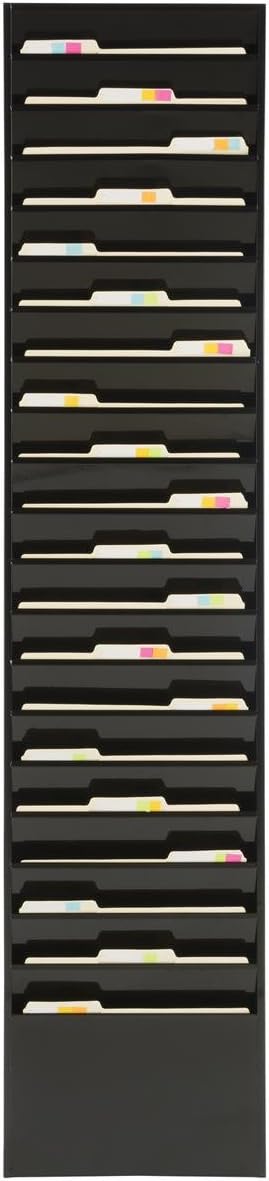 File Folder Wall Rack, 20 Pockets, Tiered, Office and Medical Charts (Black, Powder Coated Steel)