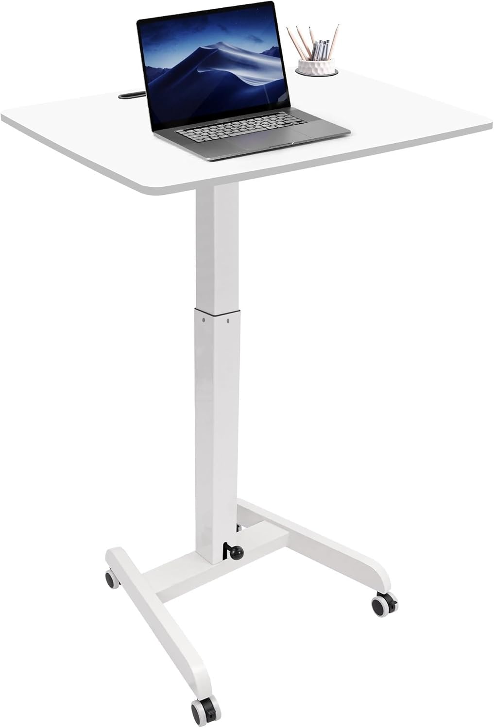 Rolling Laptop Desk Adjustable Height(29.5”- 43.7”)，Mobile Workstation Cart with 23.6" x 20.5"Desktop, Standing Desk Mobile Portable PC Table for Home,Office or Classroom in White