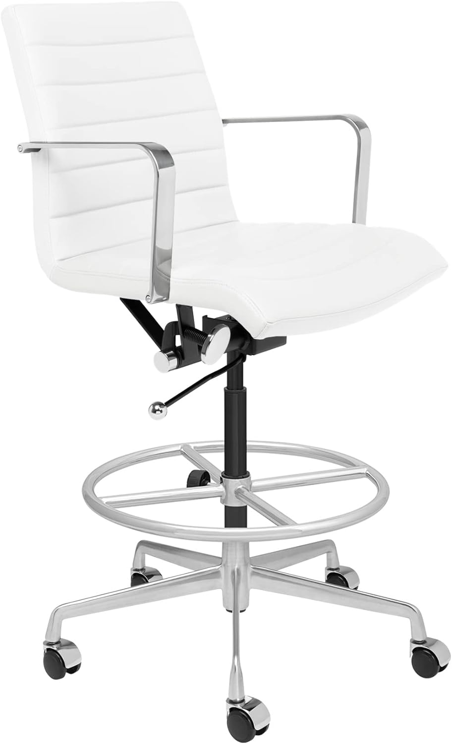 Laura Davidson Furniture SOHO II Ribbed Drafting Chair for Standing Desks, Standing Desk Chair - Ergonomically Designed, Commercial Grade Draft Height, Arm Rest & Cushion, Made of Faux Leather, White