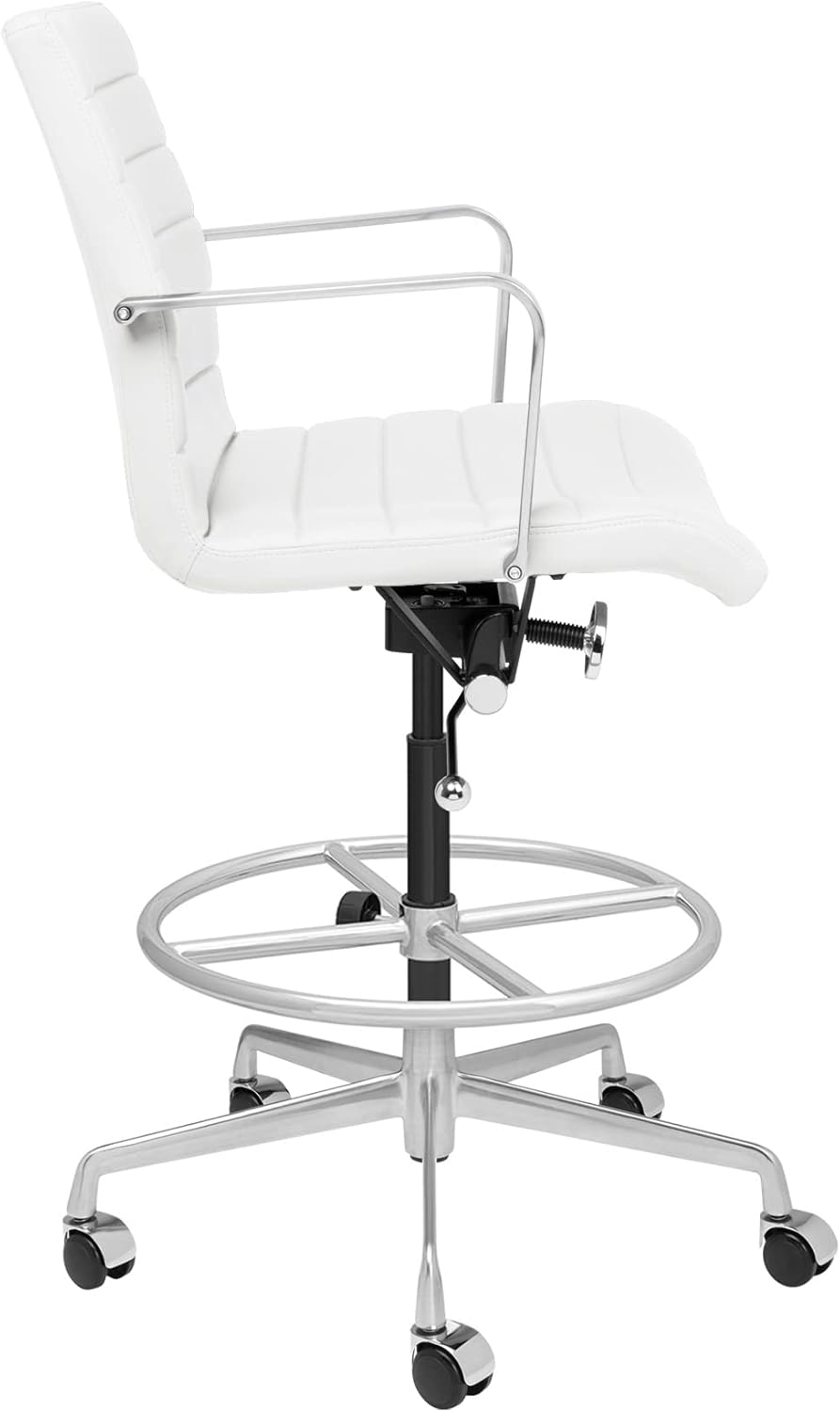 Laura Davidson Furniture SOHO II Ribbed Drafting Chair for Standing Desks, Standing Desk Chair - Ergonomically Designed, Commercial Grade Draft Height, Arm Rest & Cushion, Made of Faux Leather, White