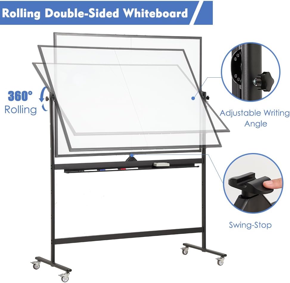 Large Magnetic Mobile Whiteboard 60"x48", Rolling Double Sided Stand Whiteboard on Wheels, Reversible Adjustable Height/Angle Dry Erase Board 5' x 4' Easel White Board for Office Classroom, Black