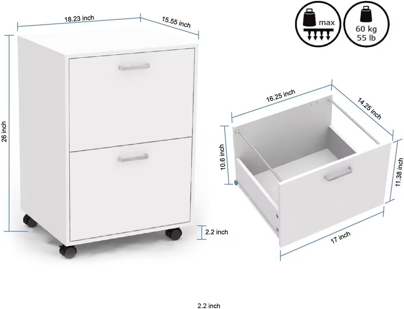 QDSSDECO 2 Drawer Mobile File Cabinet, Rolling Vertical Filing Cabinet fits A4, Legal Paper and Letter Paper for Home Office, White
