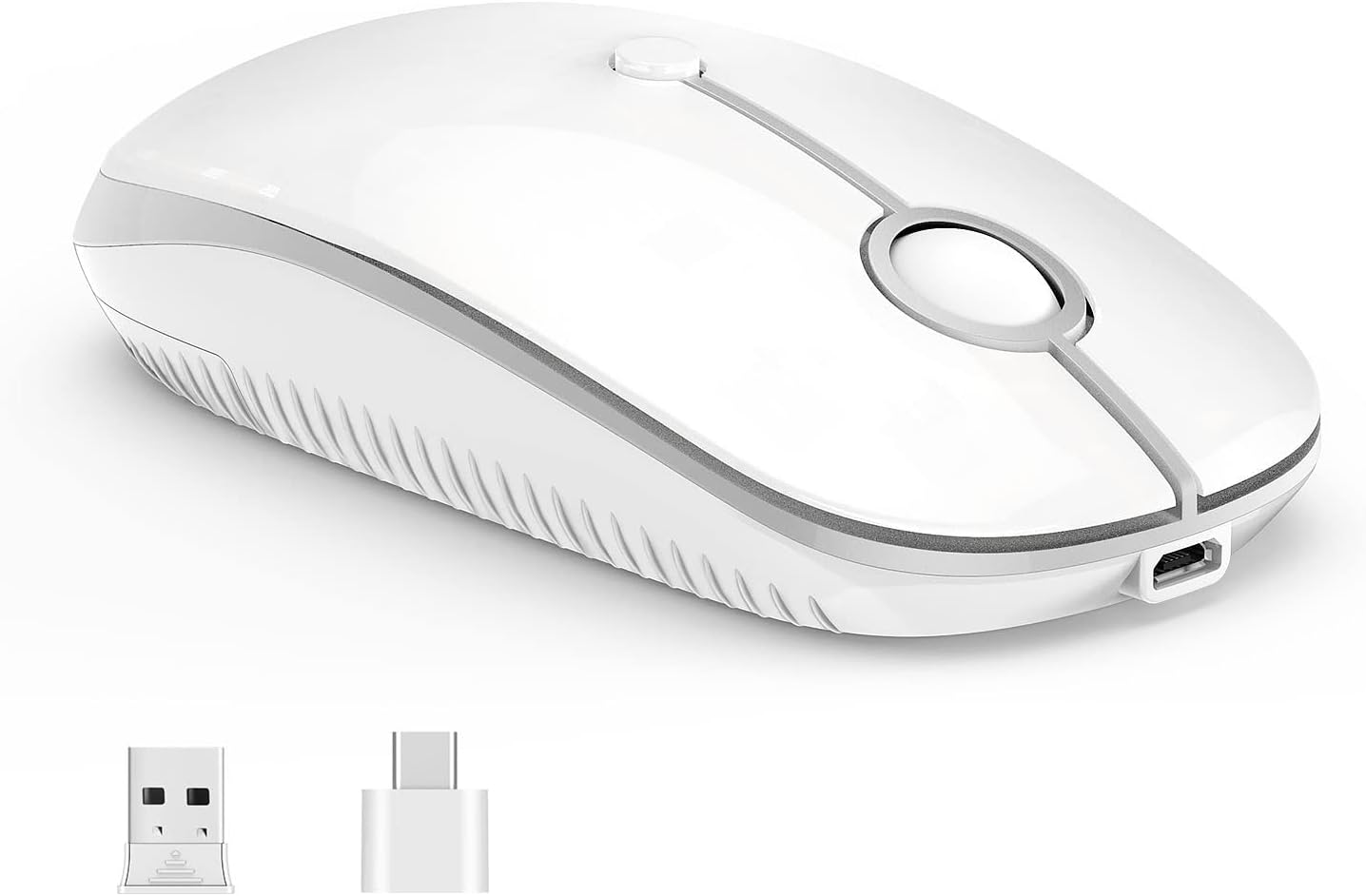 Type C Wireless Mouse，Vssoplor USB C Mouse Dual Mode 2.4G Cordless Mice with Nano USB and Type C Receiver Compatible with PC, Laptop, MacBook and All Type C Devices-White Silver