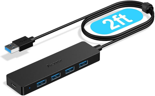 Aceele 4-Port USB 3.0 Hub, Ultra-Slim Data USB Hub with 2ft Extended Cable [Charging Not Supported], USB Extender for MacBook, Mac Pro, Mac Mini, iMac, Surface Pro, XPS, PC, Flash Drive, Mobile HDD