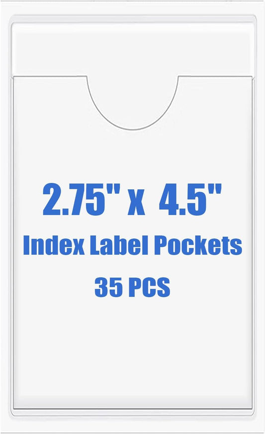 Origin-Joy 35 PCS Self Adhesive Index Card Pockets with Top Open, Clear Plastic Label Holder for Cards of Note, Library and Business, Adhesive Label Pockets & Card Holder (2.75 x 4.5 inch)