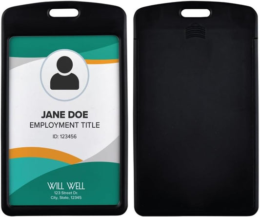 Will Well Vertical Sliding Badge Holder for Lanyards - Hard ABS Plastic 4.13" x 3.3" Protector Fits Up to 2 Standard-Sized Cards, Lightweight Secure Quick-Access Slide Cover Design - 6-Pack, Black
