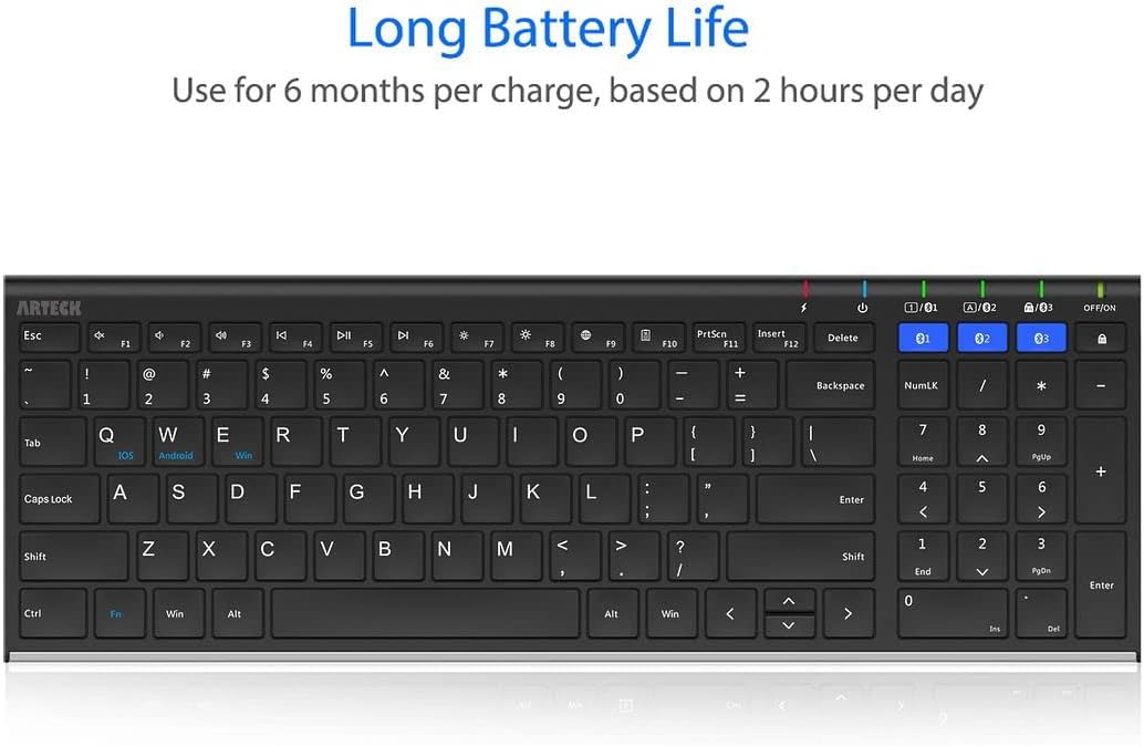 Arteck HB193 Universal Bluetooth Keyboard Multi-Device Stainless Steel Full Size Wireless Keyboard for Windows, iOS, Android, Computer Desktop Laptop Surface Tablet Smartphone Rechargeable Battery