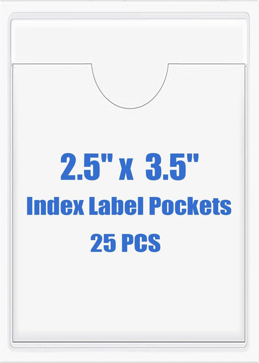 Origin-Joy 25 PCS Self-Adhesive Index Label Pockets, Clear Plastic Peel & Stick Card Holders with Top Open for Loading (2.5 x 3.5 inch)