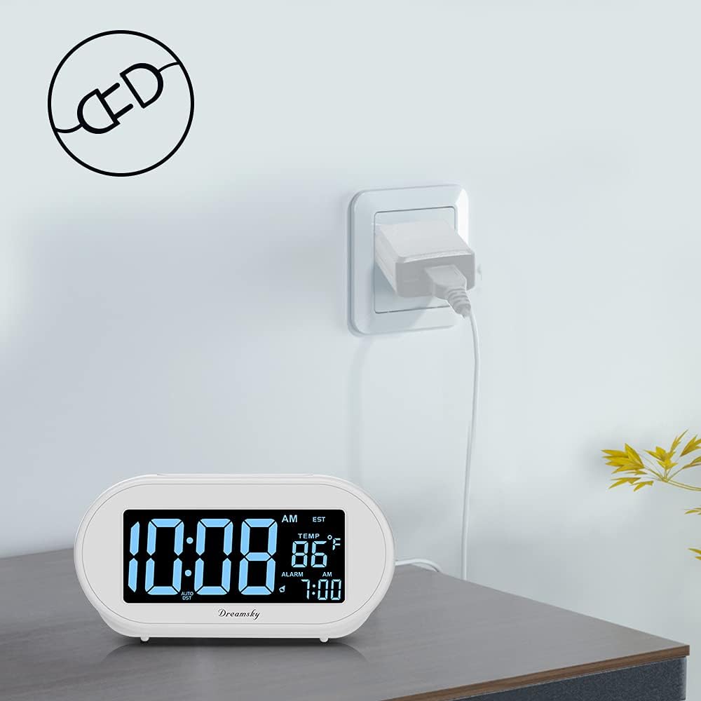 DreamSky Alarm Clocks for Bedrooms, Auto Set Digital Desk Clock for Bedside Nightstand, Electric Clock with Dimmable Brightness Dimmer, Auto DST, USB Port, Date, Temperature, Snooze