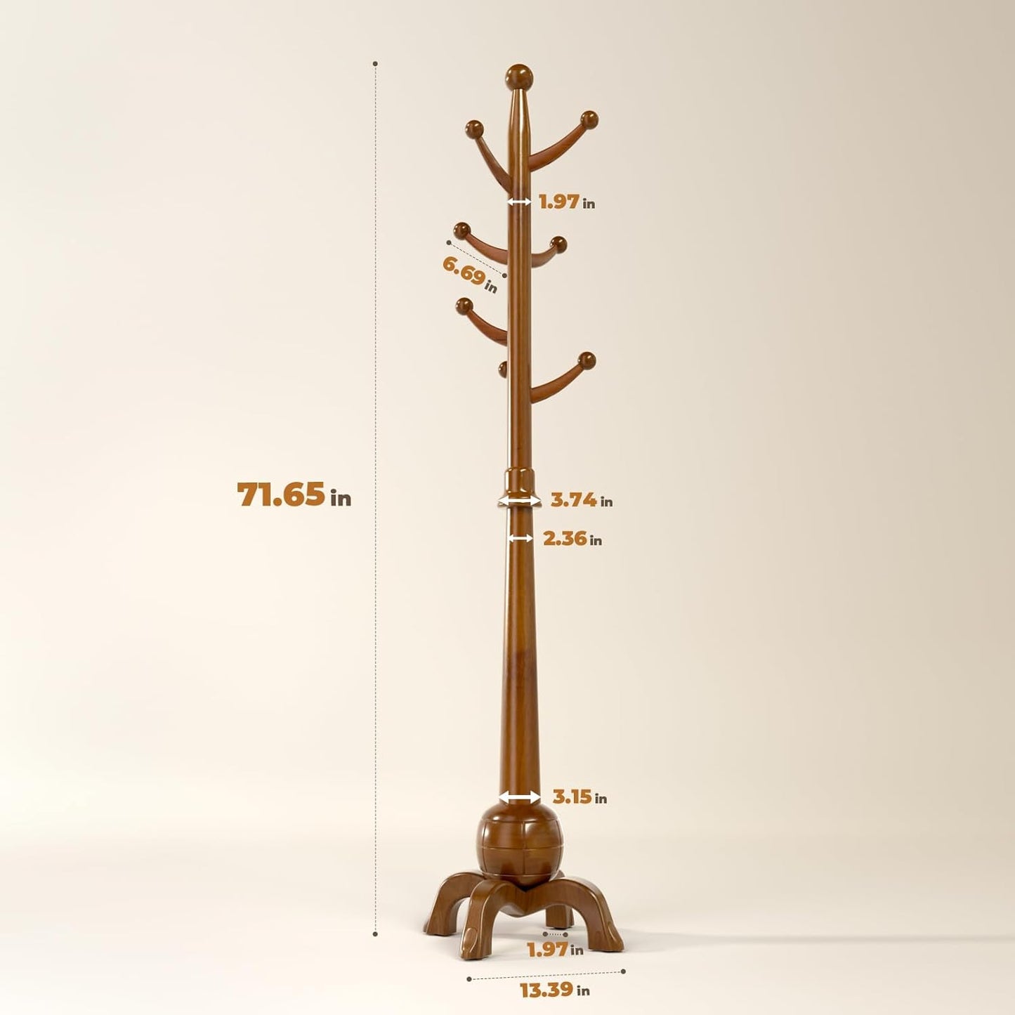 Wood Coat Rack Freestanding, Solid Wooden Hall Tree with 8 Hooks, Coat Tree Freestanding Heavy Duty with Stable Base, Entryway Hallway Bedroom Office Use, 240lbs Load Capacity H:71.6in (Natural)