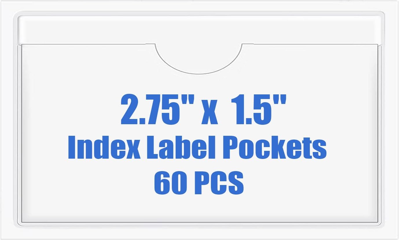 Origin-Joy 60 PCS Self Adhesive Index Card Pockets with Top Open, Clear Plastic Label Holder for Notes, Library and Business, Adhesive Label Pockets & Holder (2.75 x 1.5 inch)