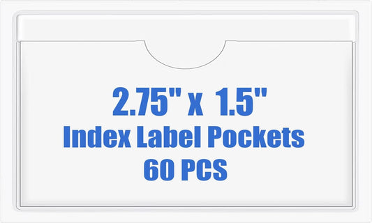 Origin-Joy 60 PCS Self Adhesive Index Card Pockets with Top Open, Clear Plastic Label Holder for Notes, Library and Business, Adhesive Label Pockets & Holder (2.75 x 1.5 inch)