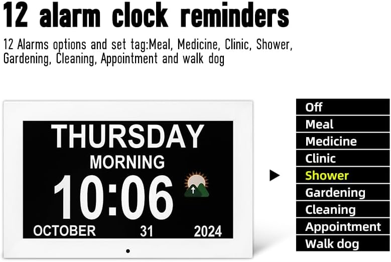 Large Digital Clock, Wall Clock with time, Digital Alarm Clocks for Elderly, Dementia Clock That Provides Alarms and electronicl Calendar for Seniors.(White, 10.1 inches)