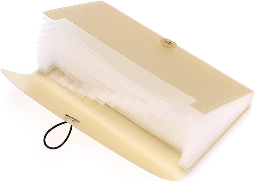 BTSKY Expanding File Folder - 13 Pockets, Small Accordion File Folder, Expandable Card Ticket Holder, Plastic Business Document Organizer, Khaki Translucent