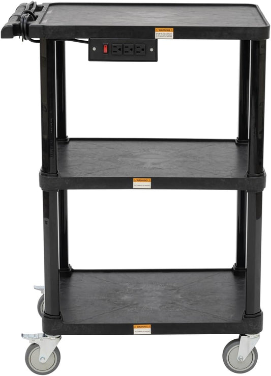 Pearington 3-Shelf Mobile Utility Cart with 3 Outlets and 8' Cord, Heavy-Duty Service Cart for Offices and Warehouses with 3 Shelves, Black