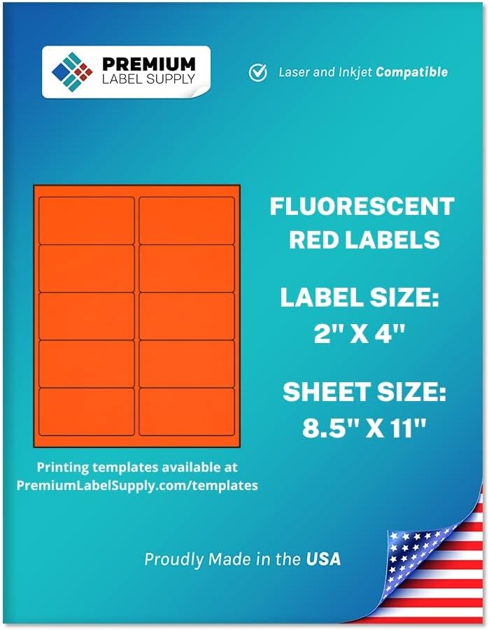 Premium Label Supply Bright Neon Color Fluorescent Stickers - 2" x 4" Labels - (Red Fluorescent, 1000 Labels)