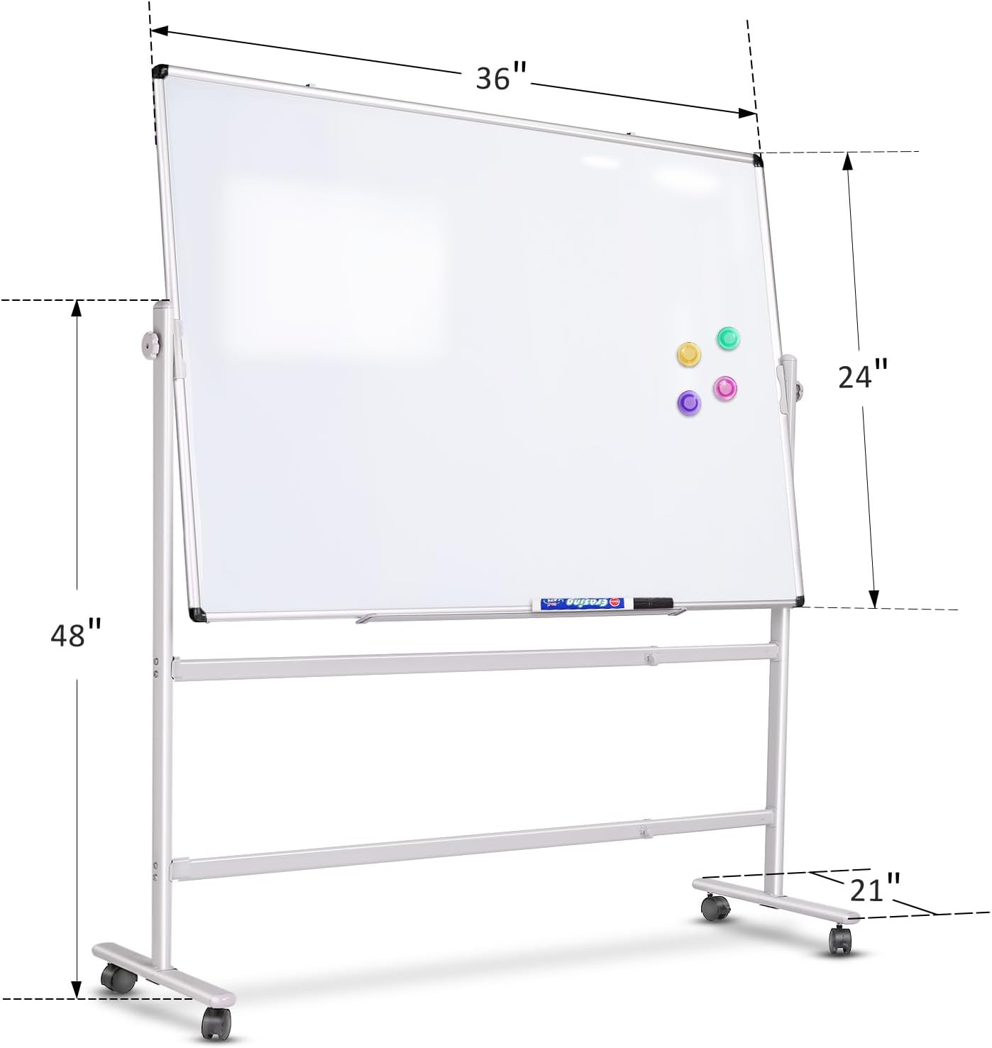 Large Rolling White Board 48x36 in, Dry Erase Board with Stand, Double-Sided Magnetic Mobile Whiteboard, Height-Adjustable for Office Classroom and Home