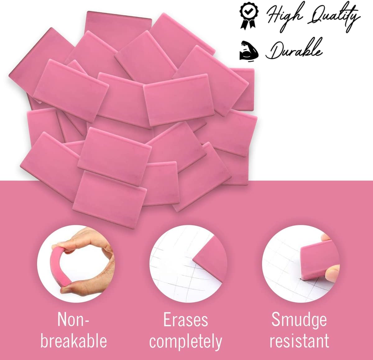 Pink Erasers – Square Eraser, Erasers for Kids, Rubber Eraser, 60 Count, Erasers Bulk for School Supplies, Art, and Office Use