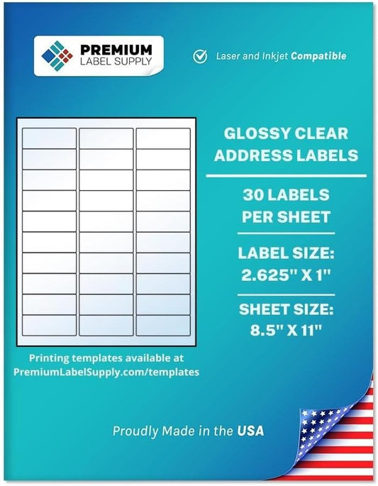 Premium Label Supply Glossy Clear Address Labels – 2.625" x 1" – Laser/Inkjet Compatible – (30 per Sheet), 25 Sheets -750 Total Adhesive Labels
