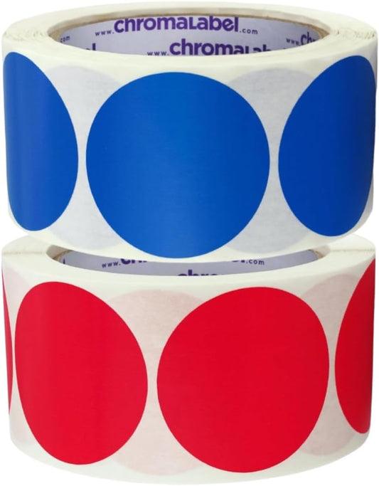 ChromaLabel 2 Inch Round Colored Stickers, Permanent Sticky Dots Color Coding Labels, Ideal Colored Dot Stickers for Arts and Crafts - 500 Sticker Dots per Roll, Red and Dark Blue Sticker Labels