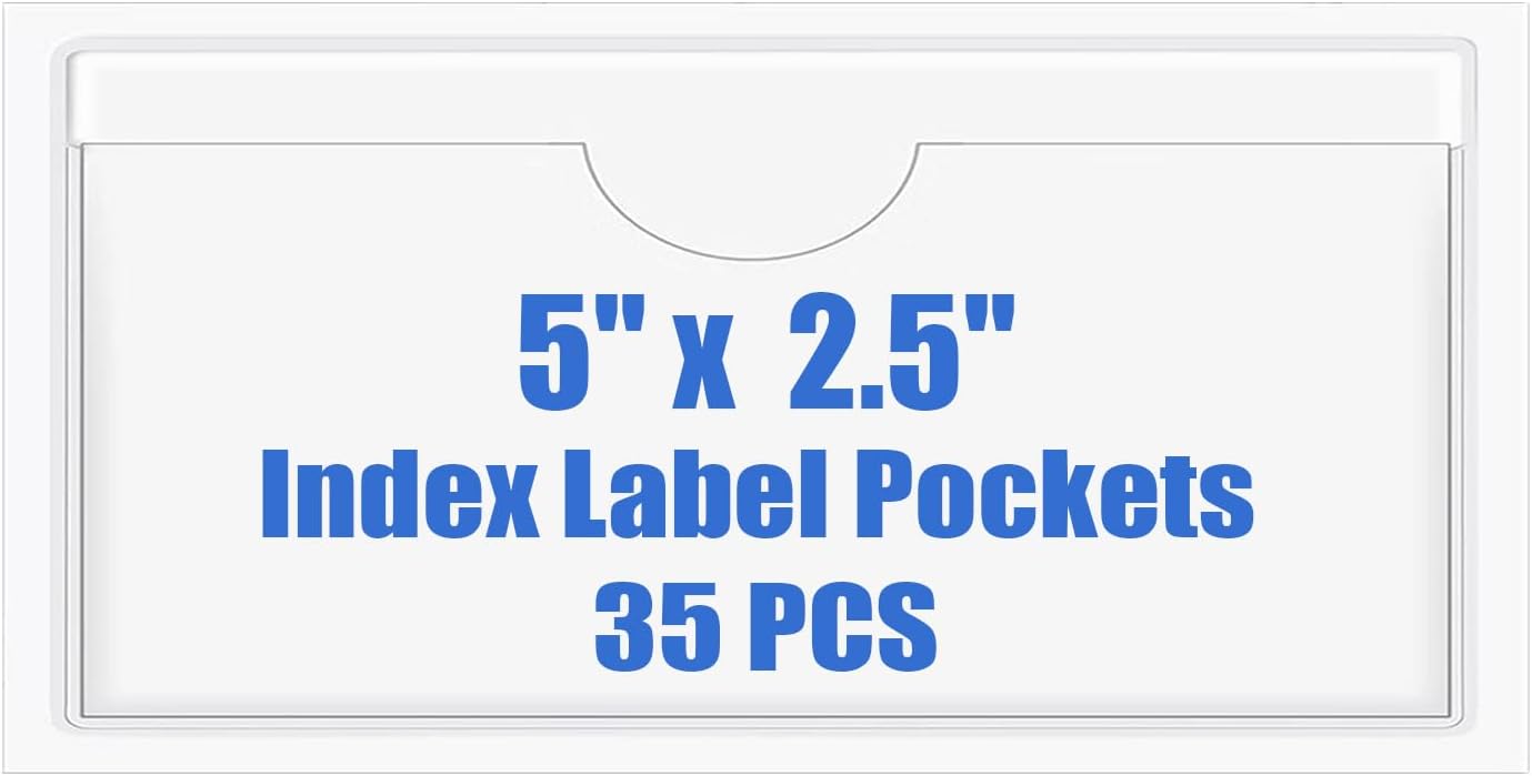 Origin-Joy 35 PCS Self Adhesive Index Card Pockets with Top Open, Clear Plastic Label Holder for Cards of Note, Library and Business, Adhesive Label Pockets & Card Holder (5 x 2.5 inch)