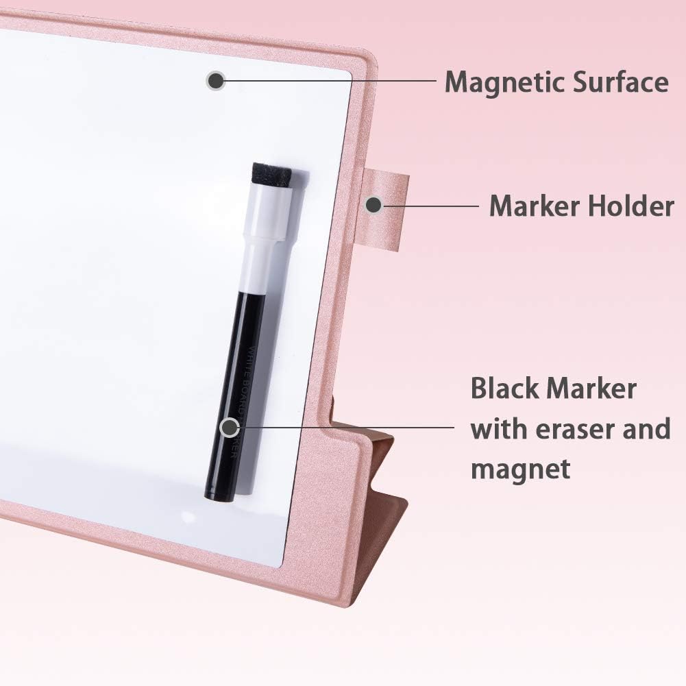 Portable Small White Board Dry Erase Board with Stand 9" x 12" Magnetic Whiteboard Desktop Small Whiteboard with Pink PU Cover Case for Kids, Adult, Office, Home, School