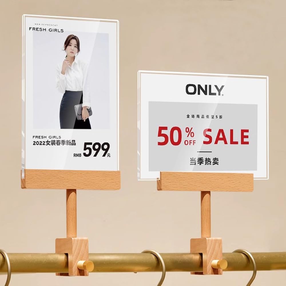 Acrylic Sign Holder with Clamp Double Head Display with Acrylic Frame Sign Holder Price Tag Clip for Clothing Stores (Vertical A5 148×210mm/ 5.83×8.27 inches)