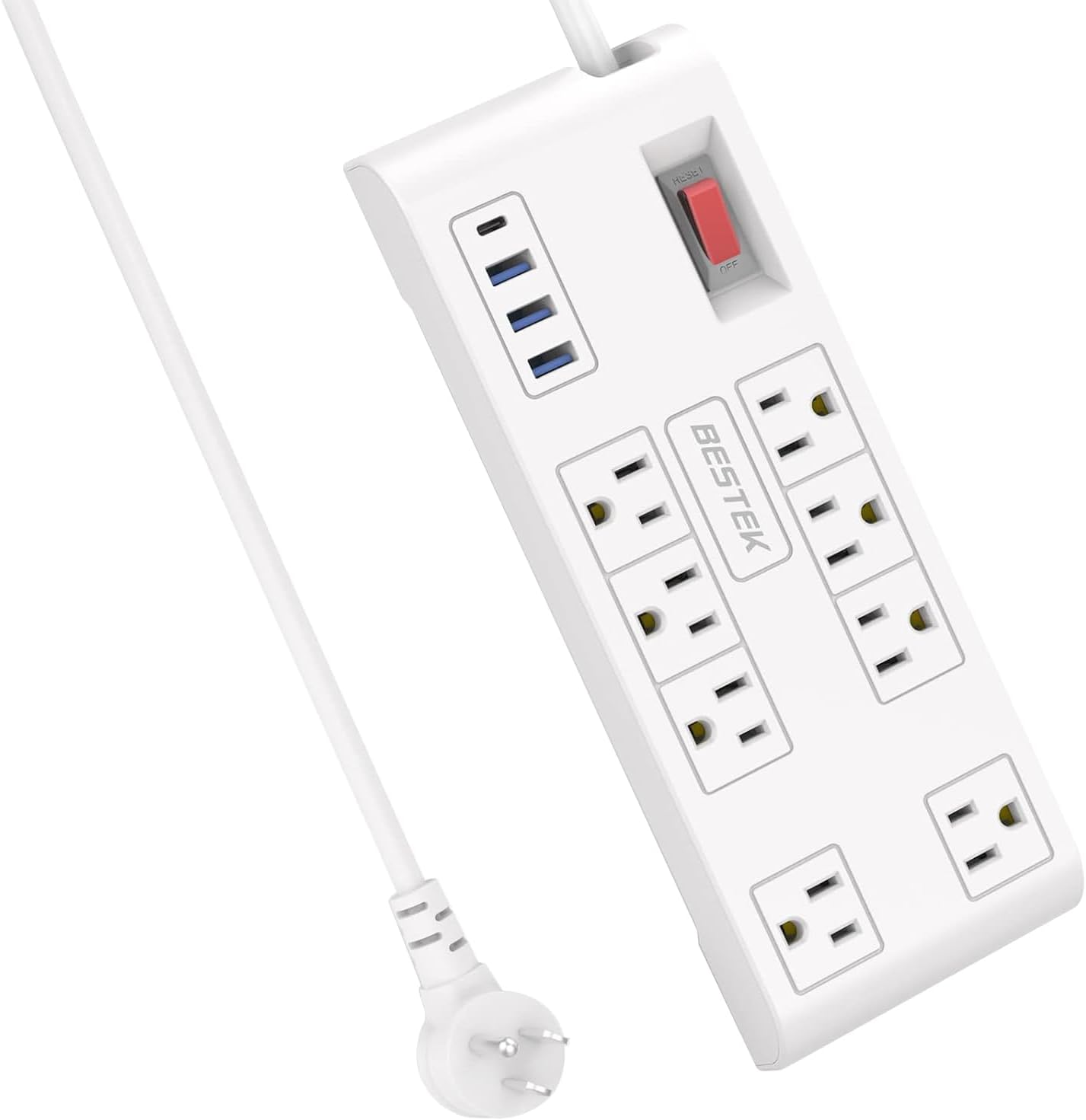 BESTEK 8 AC Outlet, 5 Feet Extension Cord Power Strip with 3 USB-A 2.4A 1USB-C 3A, MAX Output 1625W 13A, 600Joule, Ultra-Compact Wide Spaced Outlet for Large Plug