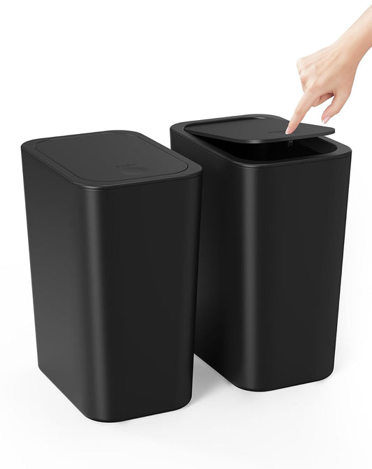 Cesun Bathroom Trash Can with Lid, 2 Pack 2.6 Gallon Small Black Garbage Can, Press Top Lid Trash Bin, Dog Proof Trash Cans Plastic Waste Basket for Bedroom Toilet Office