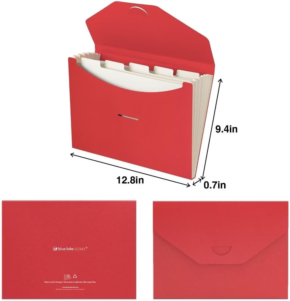 Blue Lake ECOLIFE Expandable Folders Plastic Free Accordion File Folder Organizer 6 Pocket Fiery Red