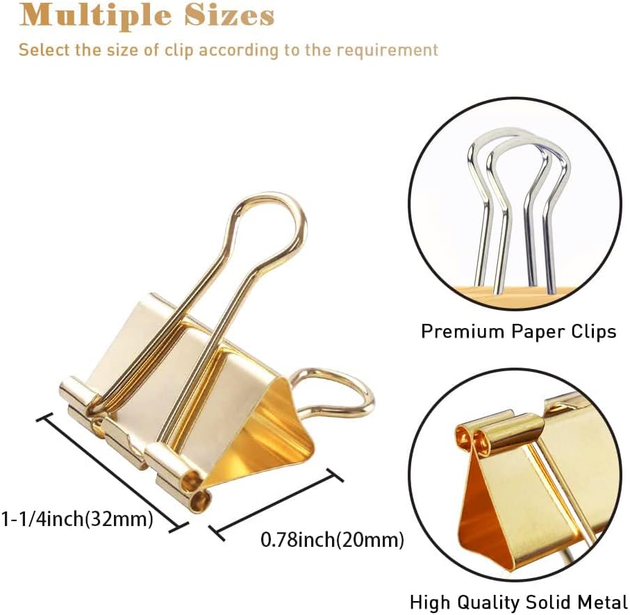 Medium Binder Clips Width 1.25 Inch Capacity 0.6 Inch Gold 24 PCS, Binder Clips 32mm for Teacher School Office and Business