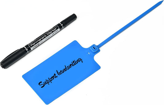 50 Blue Plastic Writable Shipping Tags - Large, Waterproof, Hanging Label Ties with One Permanent Marker Pen