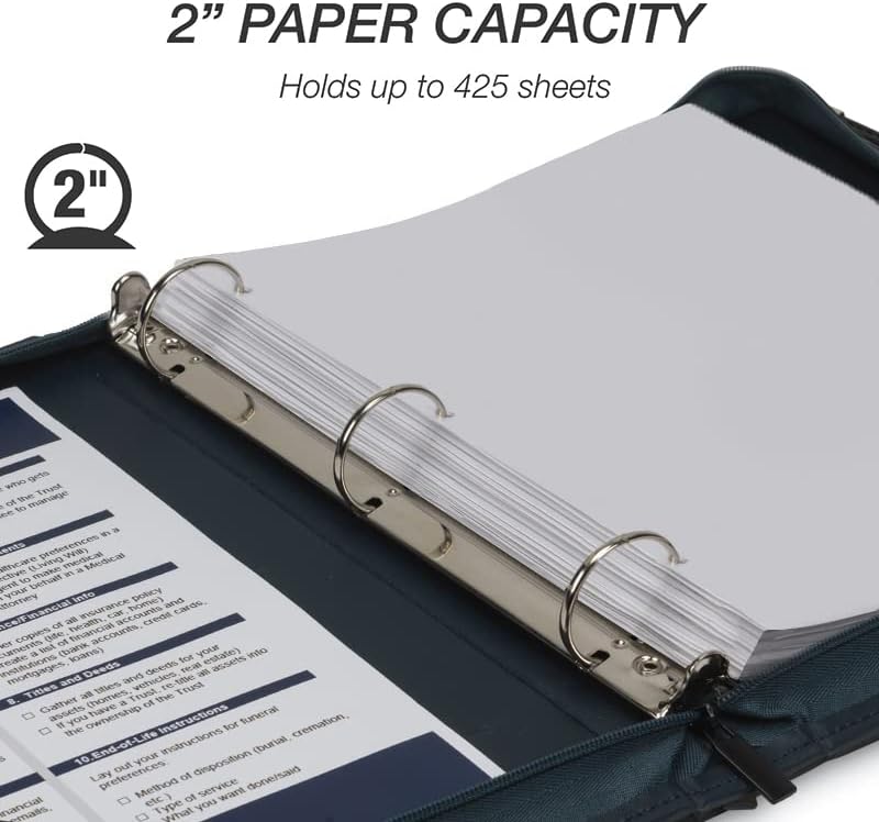 Samsill Leather Binder, Classic Collection - Zippered, Executive Presentation Portfolio, 1.5 Inch Round Ring (Holds 325 Sheets), Silver Corner Accents, Navy