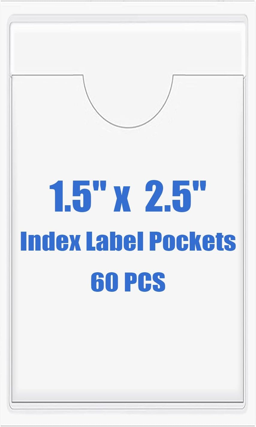 Origin-Joy 60 PCS Self Adhesive Index Card Pockets with Top Open, Clear Plastic Label Holder for Cards of Note, Library and Business, Adhesive Label Pockets & Card Holder (1.5 x 2.5 inch)