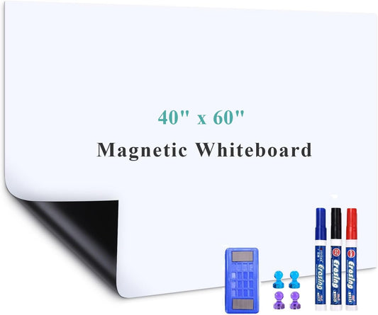 White Board Adhesive Contact Paper, 60" x 40" Stick on Magnetic Whiteboard Roll, Dry Erase Board for Wall, Easy to Write and Clean Magnetic Board for Kids, Office, Home, with Marker, Eraser