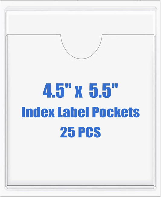Origin-Joy 25 PCS Self-Adhesive Index Label Pockets, Clear Plastic Peel & Stick Card Holders with Top Open for Loading (4.5 x 5.5 inch)