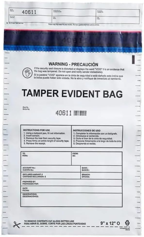10”x13" Clear Plastic Deposit Bags with Security Tape Tamper Evident - Secure Bank Deposits, Cash Handling, & Currency Transport | Self-Sealing Tape with Hidden Graphics | 100-Pack